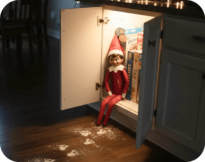 Flour footprints leading to elf hiding spot